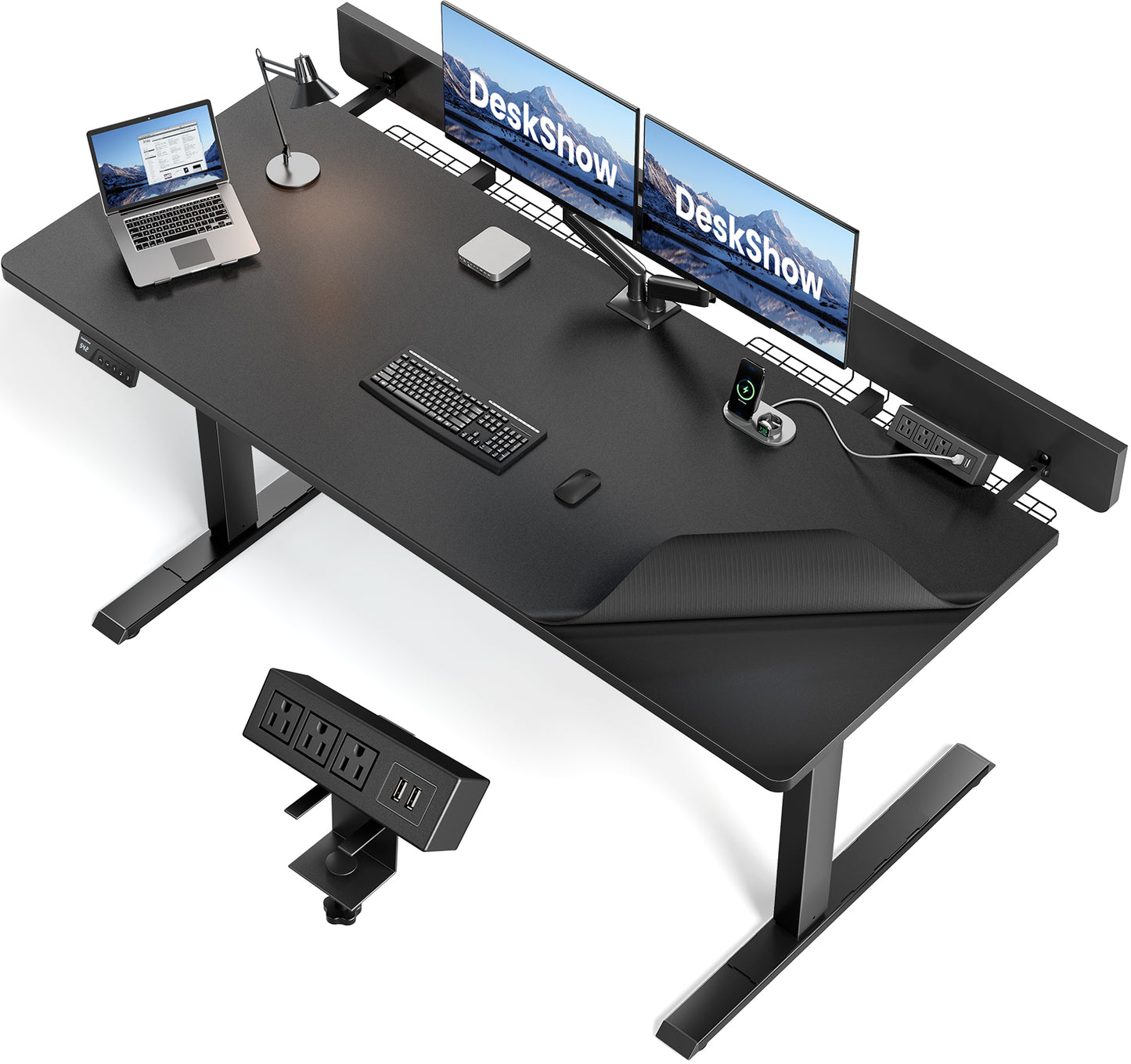 Electric Standing Desk Adjustable - 60 x 30 Inch Sit Stand Desk with Flip-Top Cable Management,Mouse Pad,Clamp Power Strip,Dual-Beam Frame,3 Memory Preset Height Adjustable for Home Office（UPC:768152925687）