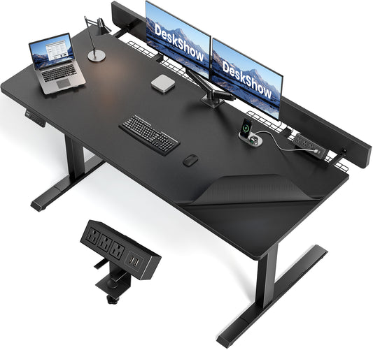 Electric Standing Desk Adjustable - 60 x 30 Inch Sit Stand Desk with Flip-Top Cable Management,Mouse Pad,Clamp Power Strip,Dual-Beam Frame,3 Memory Preset Height Adjustable for Home Office（UPC:768152925687）