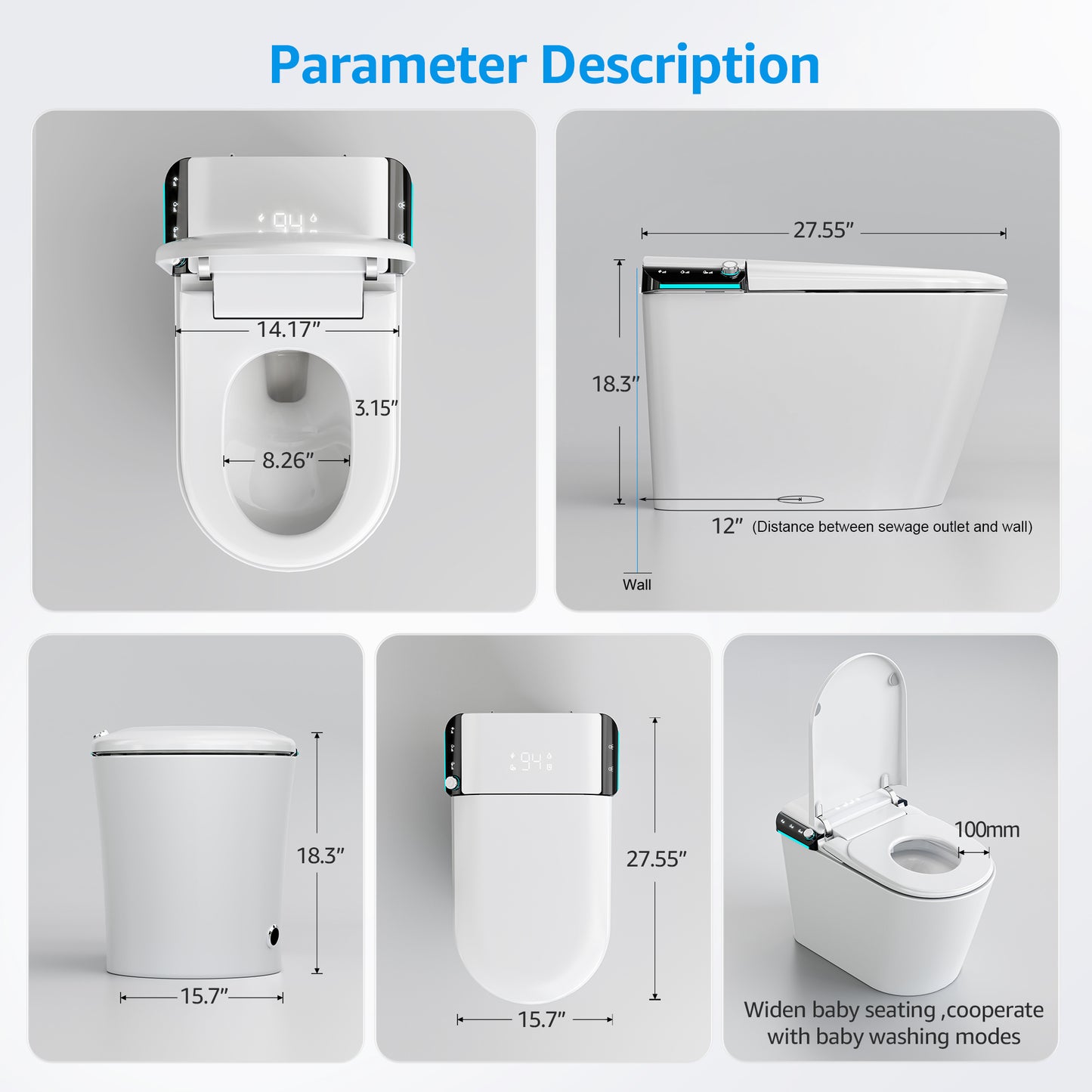 U1 Smart Toilet, One Piece Bidet Toilet for Bathrooms, Elongated Toilet with Warm Water, Dual Auto Flush, Foot Sensor Operation, Heated Bidet Seat, Electric Tankless Toilets with Auto Open Colse Lid