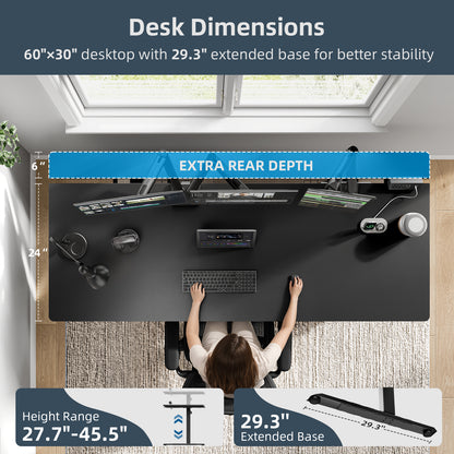 Electric Standing Desk Adjustable - 60 x 30 Inch Sit Stand Desk with Flip-Top Cable Management,Mouse Pad,Clamp Power Strip,Dual-Beam Frame,3 Memory Preset Height Adjustable for Home Office（UPC:768152925687）