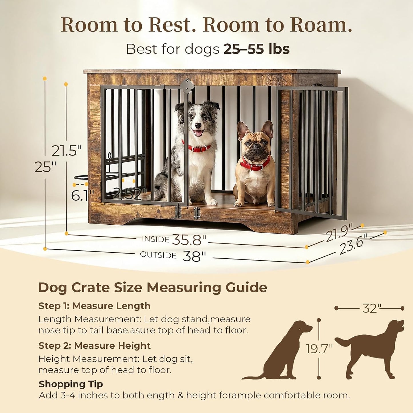 Dog Crate Furniture 38in, Wooden Indoor Pet Kennel End Table with 360 Degree Rotating Feeder Door, Secure Double Latches and Solid Base for Medium Dogs, Rustic Brown（UPC:751390938496）