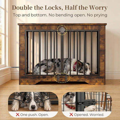 Dog Crate Furniture 38in, Wooden Indoor Pet Kennel End Table with 360 Degree Rotating Feeder Door, Secure Double Latches and Solid Base for Medium Dogs, Rustic Brown（UPC:751390938496）
