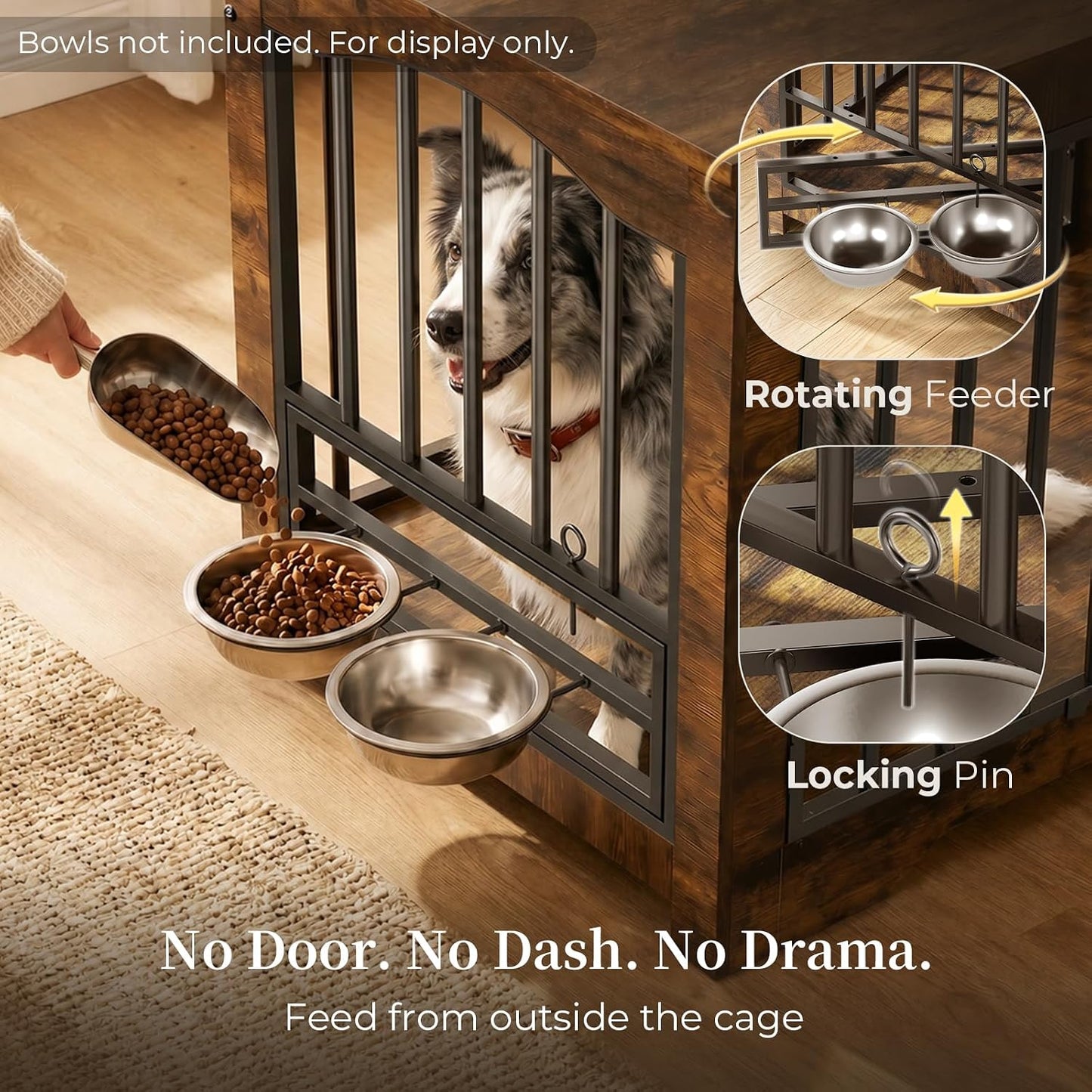 Dog Crate Furniture 38in, Wooden Indoor Pet Kennel End Table with 360 Degree Rotating Feeder Door, Secure Double Latches and Solid Base for Medium Dogs, Rustic Brown（UPC:751390938496）