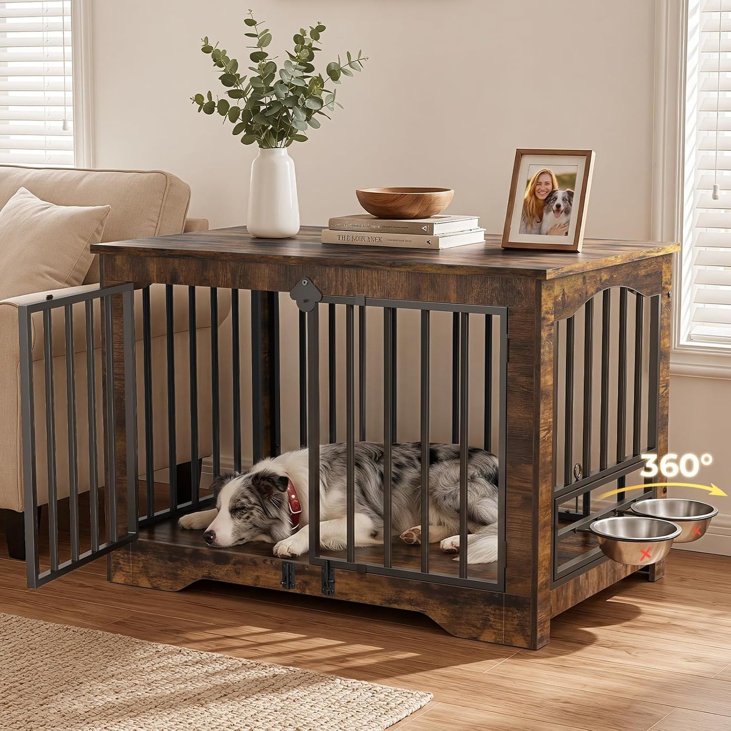 Dog Crate Furniture 38in, Wooden Indoor Pet Kennel End Table with 360 Degree Rotating Feeder Door, Secure Double Latches and Solid Base for Medium Dogs, Rustic Brown（UPC:751390938496）