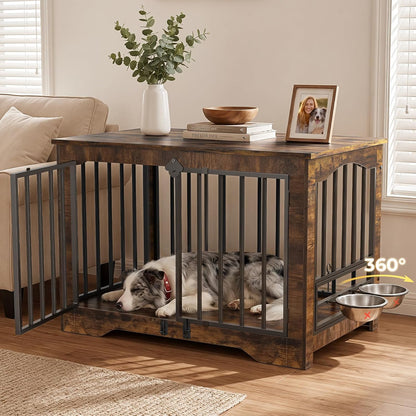 Dog Crate Furniture 38in, Wooden Indoor Pet Kennel End Table with 360 Degree Rotating Feeder Door, Secure Double Latches and Solid Base for Medium Dogs, Rustic Brown（UPC:751390938496）