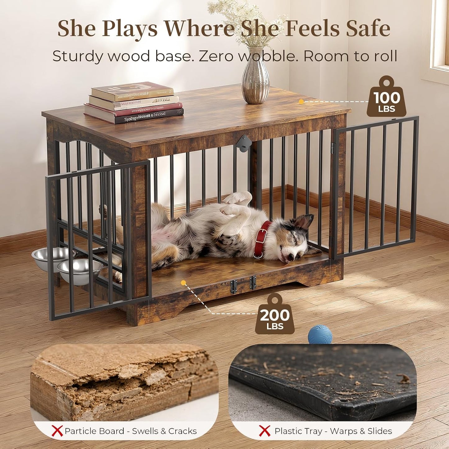 Dog Crate Furniture 38in, Wooden Indoor Pet Kennel End Table with 360 Degree Rotating Feeder Door, Secure Double Latches and Solid Base for Medium Dogs, Rustic Brown（UPC:751390938496）