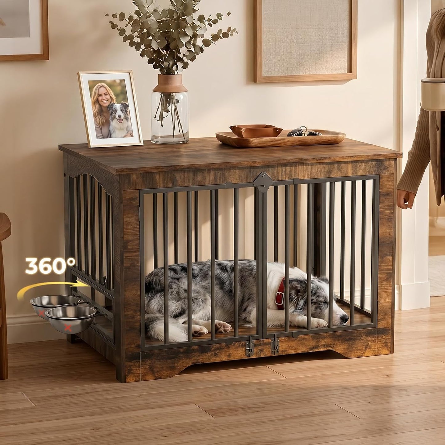 Dog Crate Furniture 38in, Wooden Indoor Pet Kennel End Table with 360 Degree Rotating Feeder Door, Secure Double Latches and Solid Base for Medium Dogs, Rustic Brown（UPC:751390938496）