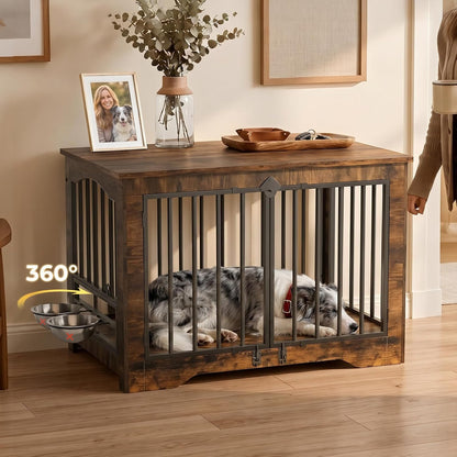Dog Crate Furniture 38in, Wooden Indoor Pet Kennel End Table with 360 Degree Rotating Feeder Door, Secure Double Latches and Solid Base for Medium Dogs, Rustic Brown（UPC:751390938496）