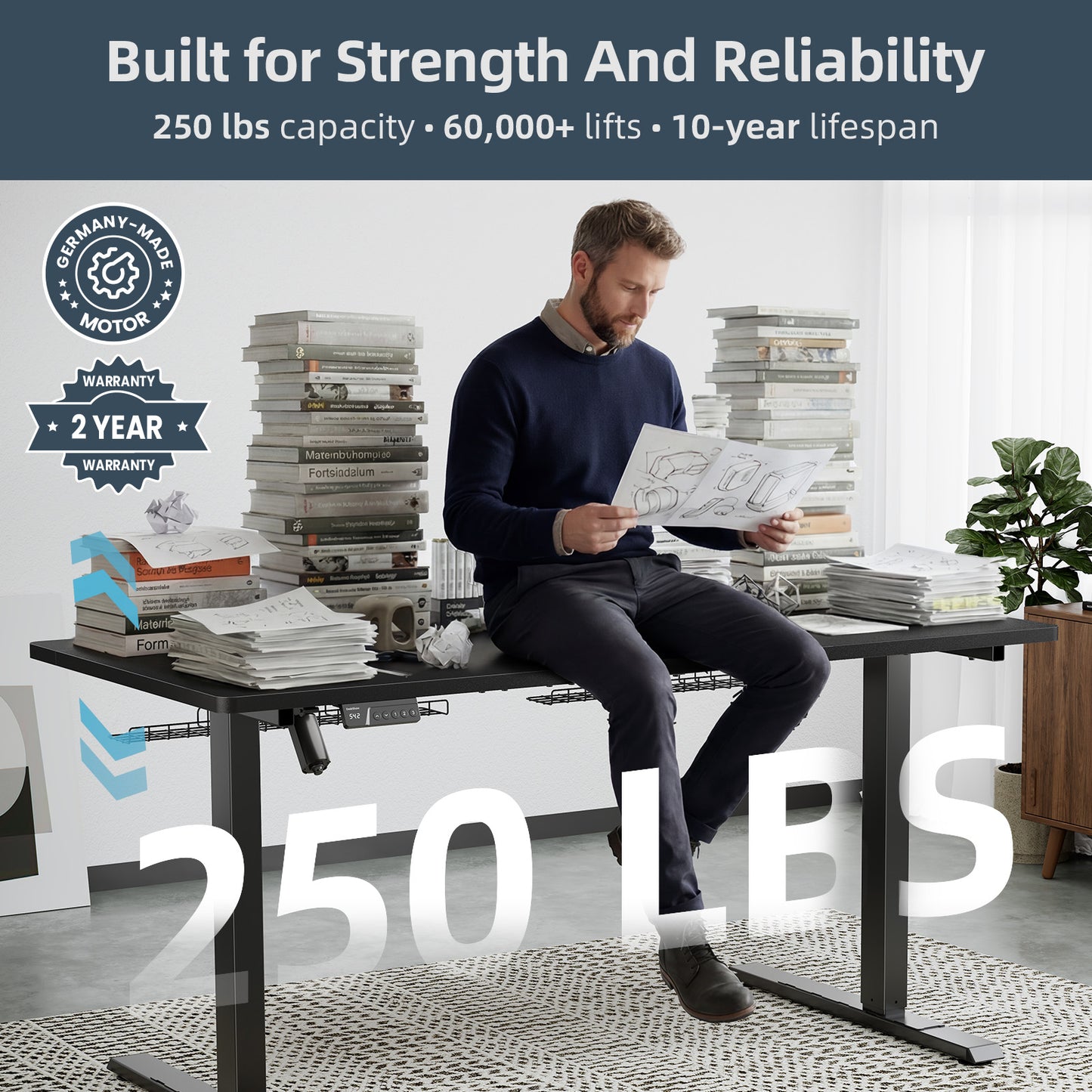 Electric Standing Desk Adjustable - 60 x 30 Inch Sit Stand Desk with Flip-Top Cable Management,Mouse Pad,Clamp Power Strip,Dual-Beam Frame,3 Memory Preset Height Adjustable for Home Office（UPC:768152925687）