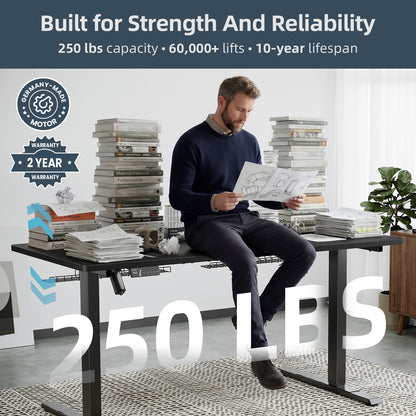 Electric Standing Desk Adjustable - 60 x 30 Inch Sit Stand Desk with Flip-Top Cable Management,Mouse Pad,Clamp Power Strip,Dual-Beam Frame,3 Memory Preset Height Adjustable for Home Office（UPC:768152925687）