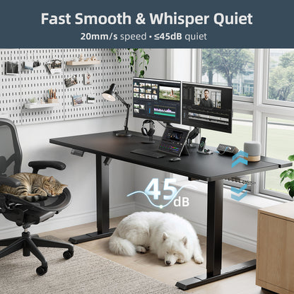 Electric Standing Desk Adjustable - 60 x 30 Inch Sit Stand Desk with Flip-Top Cable Management,Mouse Pad,Clamp Power Strip,Dual-Beam Frame,3 Memory Preset Height Adjustable for Home Office（UPC:768152925687）